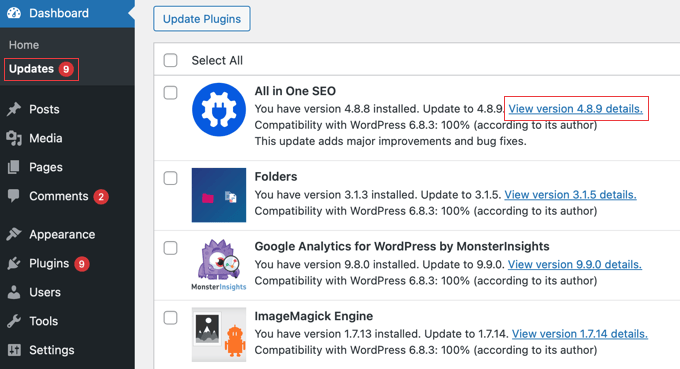 Viewing Version Details of a Plugin Update Viewing Version Details of a Plugin Update