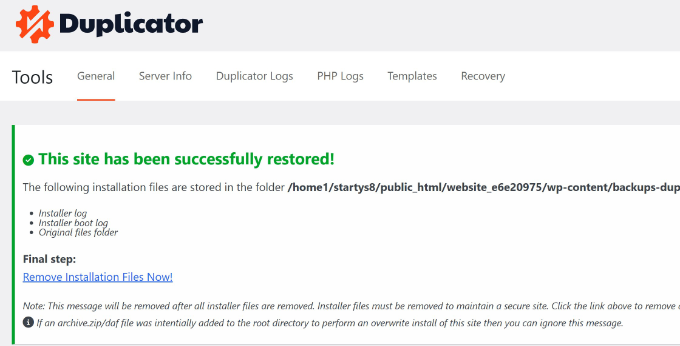 View site restore success message View site restore success message