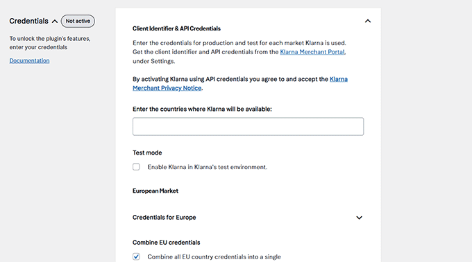 Enable Klarna by adding credentials