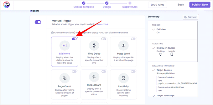 Enable exit-intent in Poptin