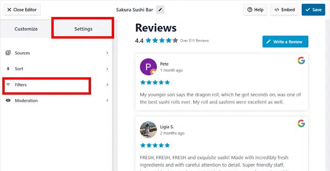 Select the Filters option in Smash Balloon