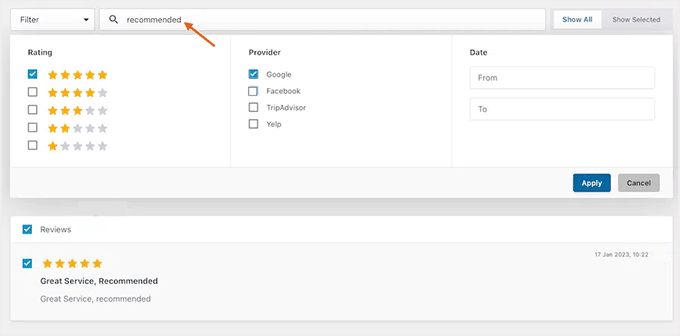 Filter reviews using Smash Balloon moderation feature