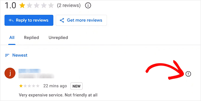 Click the Report Review icon in Google Business Profile