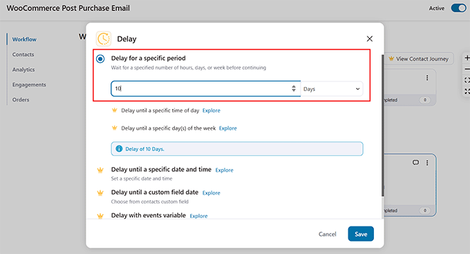 Set a delay period for post purchase review request email in Funnelkit Automations