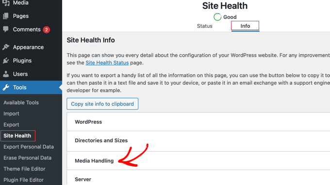 View Media Handling on the WordPress Site Health Page View Media Handling on the WordPress Site Health Page