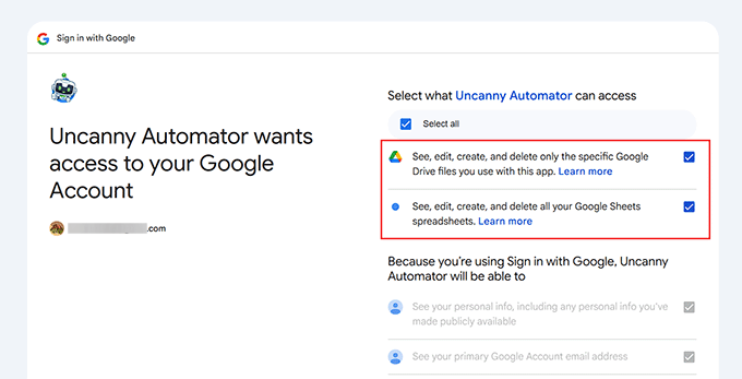 Choose actions that you are giving Uncanny permissions for