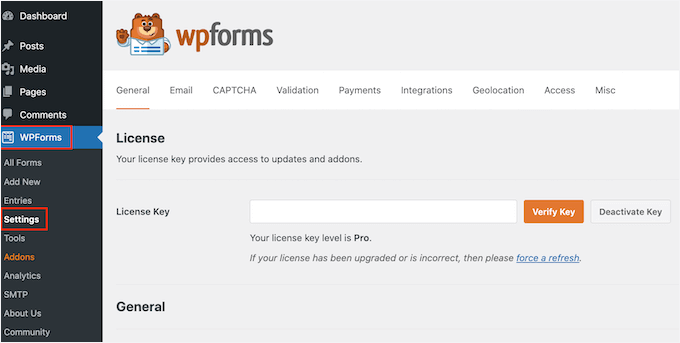 Entering the WPForms license key Entering the WPForms license key