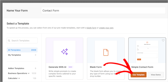Choosing the Simple Contact Form template Choosing the Simple Contact Form template