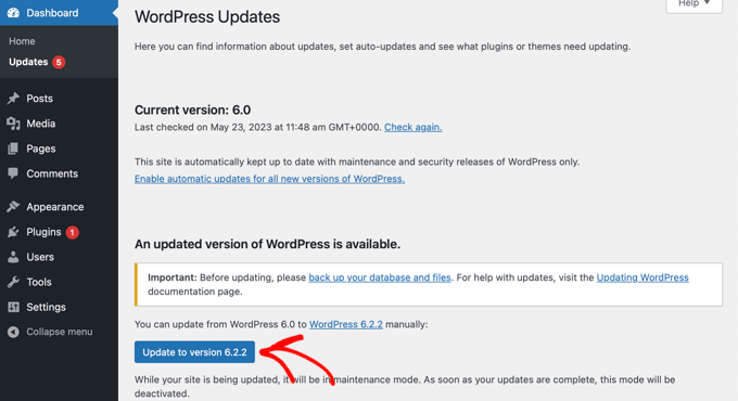 Updating WordPress Core From the Dashboard Updating WordPress Core From the Dashboard