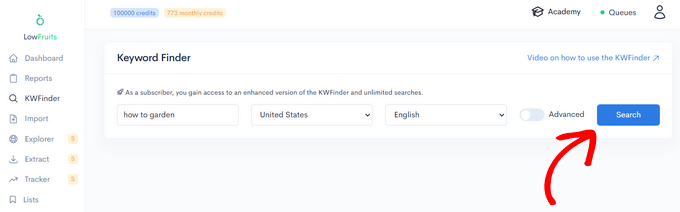 Enter seed keyword into the LowFruits Keyword Finder Enter seed keyword into the LowFruits Keyword Finder
