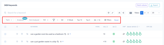 Filter keywords in LowFruits Filter keywords in LowFruits