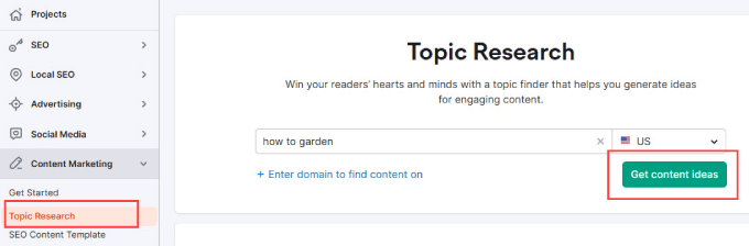 Topic research in SEMRush Topic research in SEMRush