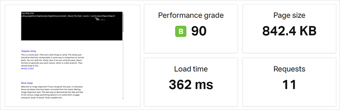 ScalaHosting Pingdom speed test results showing a 362 ms load time