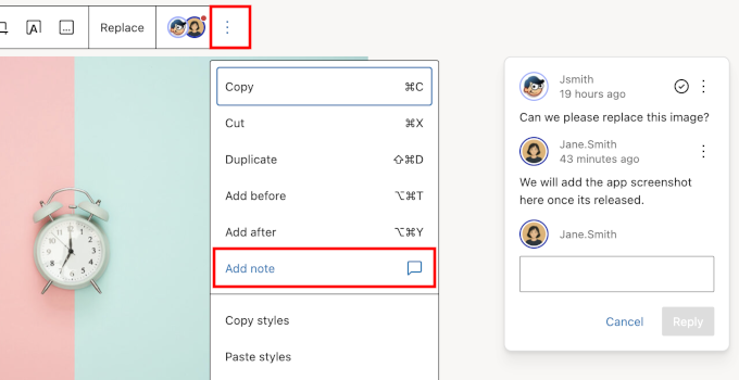 Adding a note to a specific block in the WordPress editor