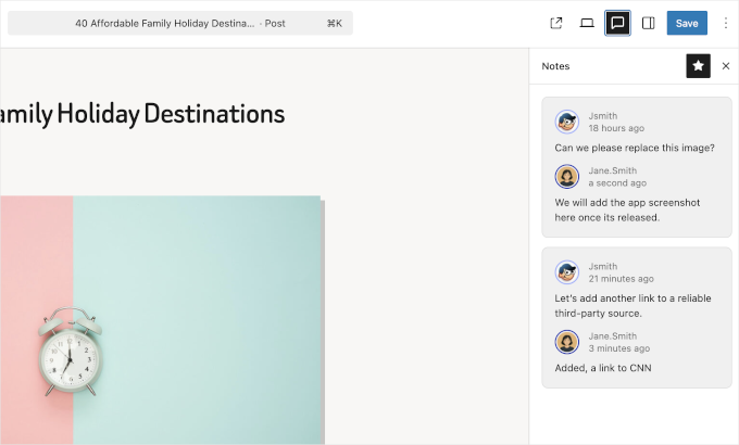 Viewing all notes in the notes panel sidebar