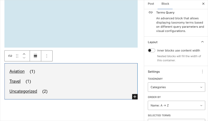 Terms Query block showing categories