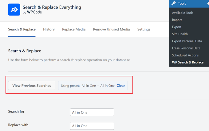 Search & Replace Everything - Previous searches