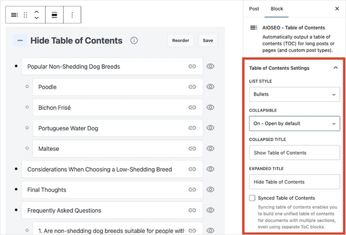 New and improved Table of Contents block in AIOSEO