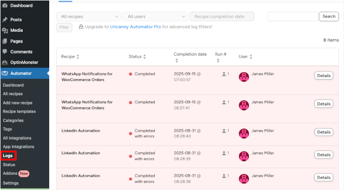 The logs in Uncanny Automator The logs in Uncanny Automator