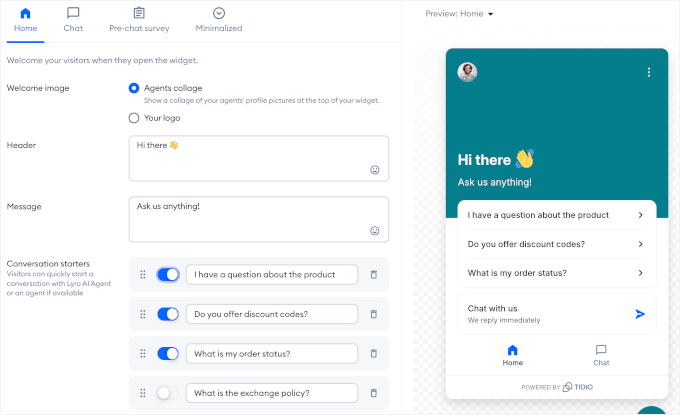 Enabling conversation starters in Tidio Enabling conversation starters in Tidio