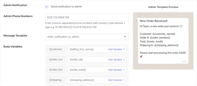 Admin details for the new order notification Admin details for the new order notification
