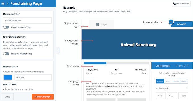 The DonorBox user interface The DonorBox user interface