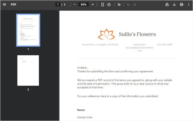 The generated WPForms PDF