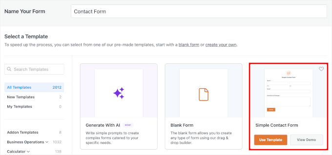 Choosing the Simple Contact Form template