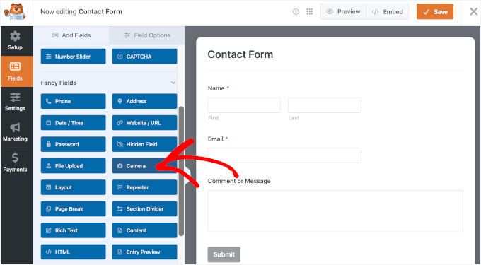 The Camera field in WPForms