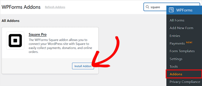 Install the Square addon in WPForms