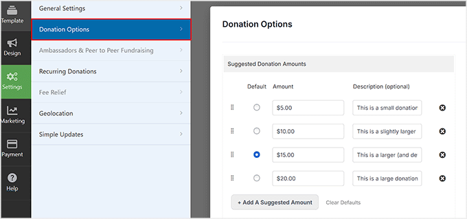 Set suggested donation amounts in Charitable