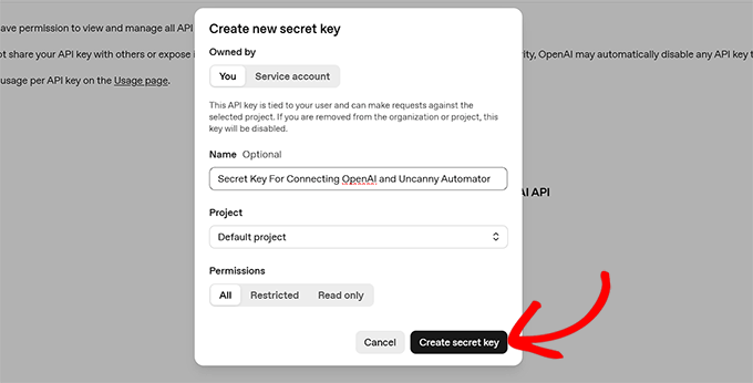 Add a name and create your secret key in OpenAI