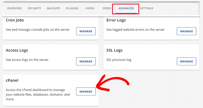 Bluehost cPanel under Advanced site settings Bluehost cPanel under Advanced site settings