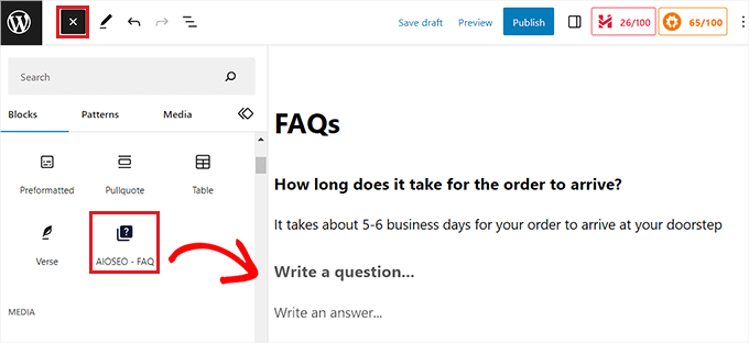 Add the AIOSEO FAQs block in your block editor Add the AIOSEO FAQs block in your block editor