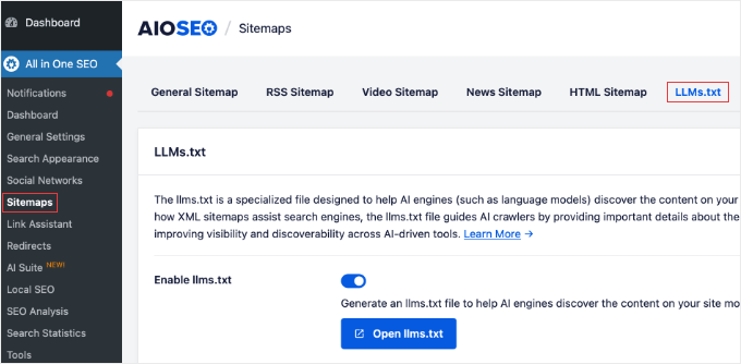 AIOSEO's Sitemaps LLMs.txt Settings