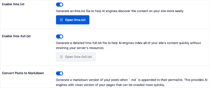 AIOSEO's LLMs.txt Toggles