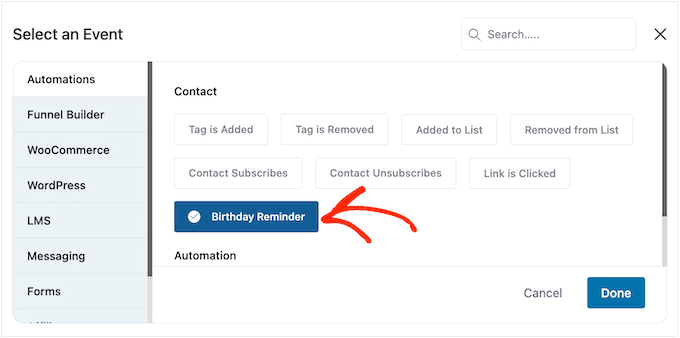Selecting FunnelKit's birthday reminder trigger Selecting FunnelKit's birthday reminder trigger