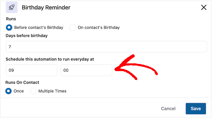 Setting the time for the automated birthday workflow Setting the time for the automated birthday workflow