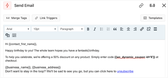 Adding a coupon code to a birthday reminder email Adding a coupon code to a birthday reminder email
