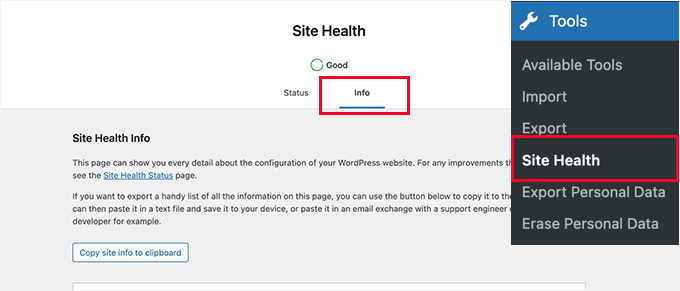 Site health info in WordPress
