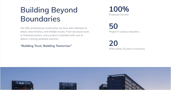 SeedProd's pre-built company stats section SeedProd's pre-built company stats section