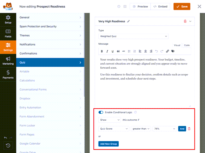 outcome different quiz addon
