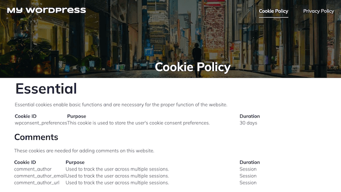 An example of a cookie policy on a WordPress website An example of a cookie policy on a WordPress website