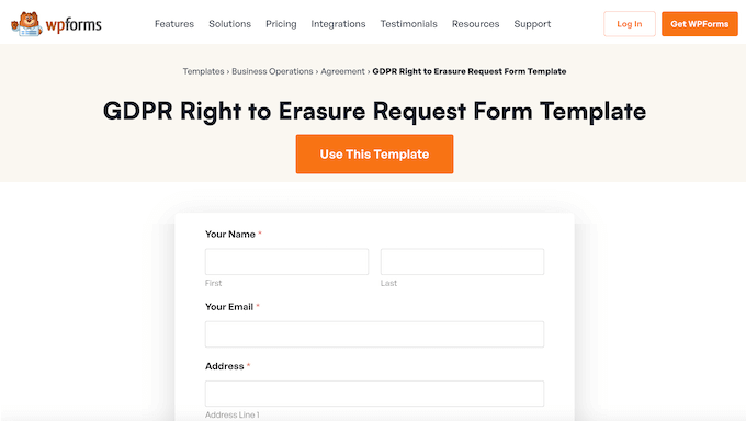The WPForms Right to Erasure ready-made template The WPForms Right to Erasure ready-made template