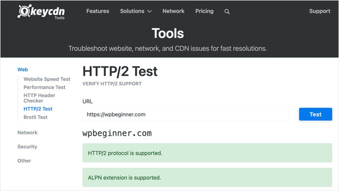 KeyCDN HTTP/2 support check