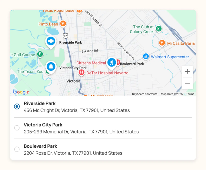 Users can select locations in the map field of the form