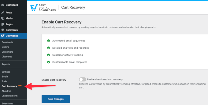 Cart recovery feature in EDD