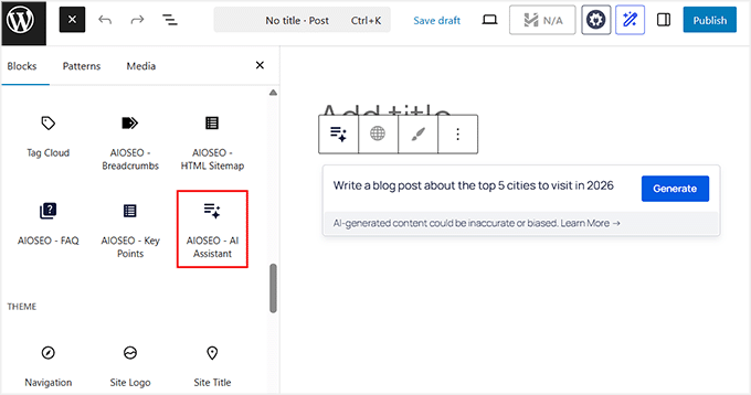 Use AI Assistant block in AIOSEO Use AI Assistant block in AIOSEO
