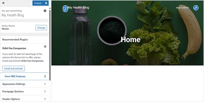 Customize health blog in theme customizer