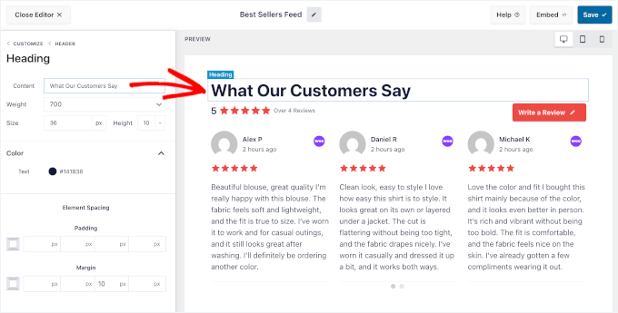 Customizing heading's content